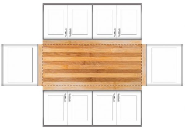 Participant Table Cloth with Butcher Block Top and White Cabinet Sides