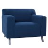 Allegro Chair is a cool corporate blue club chair with mid-century styling and woolco fabric with brushed metal legs that is sure to impress your clients.
