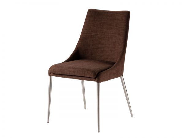 Benton Chair is a midcentury brown fabric chair with brushed metal legs compliments modern or rustic café and communal tables