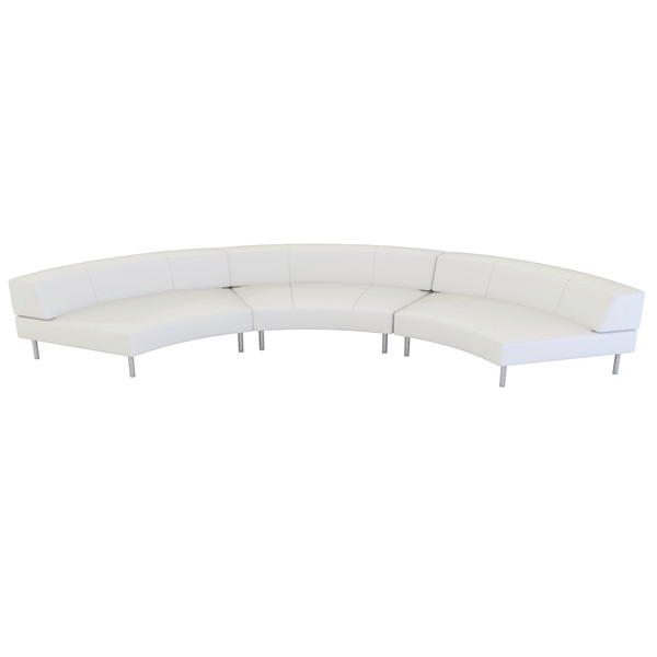 Endless Large Curve Low Back Sofa is a modular white or black vinyl curved loveseat with chrome legs that will add a nice fresh look to your event.