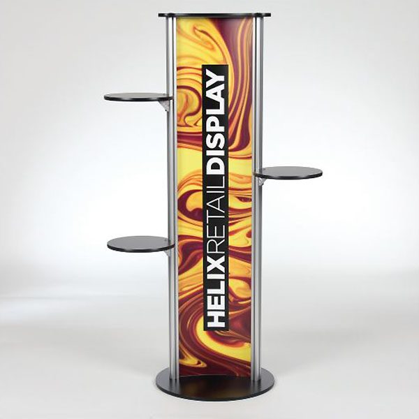 Circle Helix Retail Display With Black Laminate Shelves And Full Color Graphics