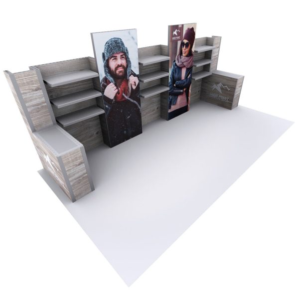 Modco Modular Exhibit Display 03 - 20FT x 10FT with Shelves Side Counters and Custom Graphics